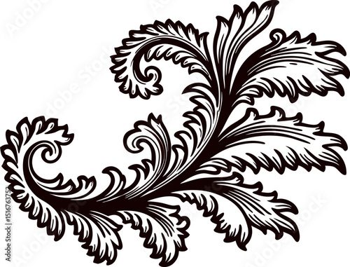 Intricate black and white floral design with swirling leaves
