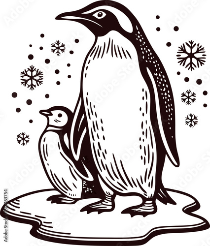 Adult and young penguins on ice with falling snowflakes in a monochrome