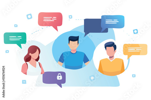 Online Dialogue: A group of diverse individuals engage in a lively online conversation, sharing ideas and thoughts within vibrant speech bubbles, fostering a sense of connectivity.