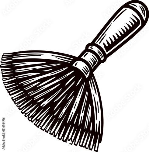 Hand drawn rustic broom illustration with wooden handle and fanned natural bristles in vintage engraving
