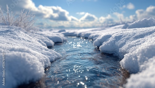 A clear blue stream of water flows through the snow, creating a stunning winter landscape. The sky is bright and sunny with white clouds in the background.