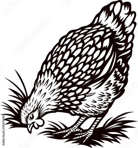 Detailed hand drawn hen pecking grass with feathers outlined in black vintage engraved farm illustration
