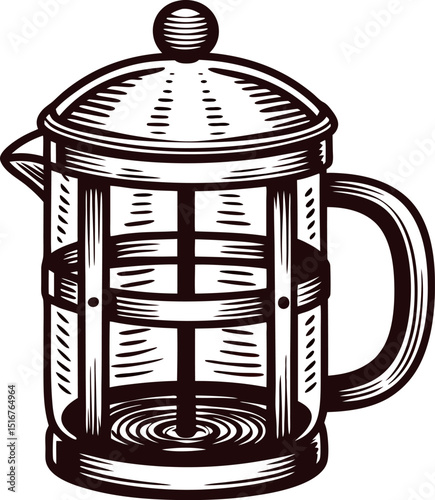 Hand drawn french press coffee maker illustration in vintage engraved isolated on white background