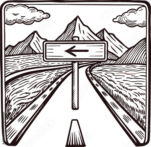 Vintage engraved mountain landscape with directional arrow road sign and winding highway
