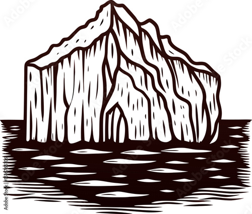 Engraved iceberg floating in calm sea with textured lines black and white hand drawn illustration
