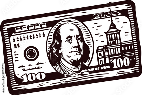 Hand drawn vintage one hundred dollar bill illustration with benjamin franklin and architectural elements, black and white