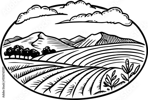 Hand drawn rural landscape with hills, fields, trees, and plants in vintage black and white illustration