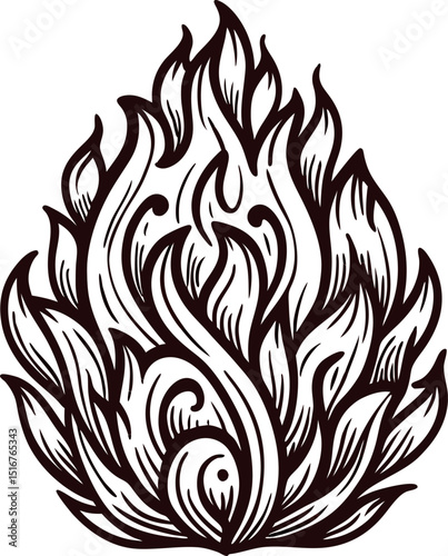Hand drawn flame illustration with swirling lines decorative fire vector sketch for tattoo or logo design