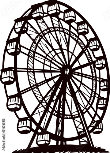 Hand drawn ferris wheel illustration in vintage with detailed cabin lines and circular metal structure