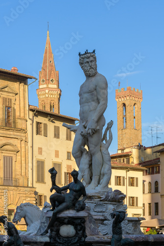 Fountain of Neptune by Bartolomeo Ammannati, located in Piazza della Signoria, Florence, Italy. Renaissance marble and bronze sculpture.