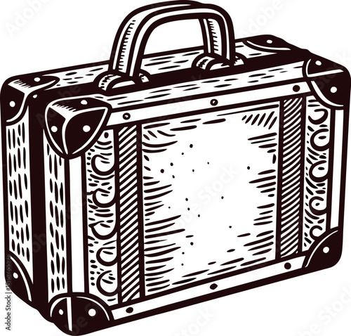 Hand drawn vintage suitcase isolated engraved travel luggage illustration with retro details and sturdy handle
