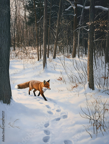 A solitary red fox trotting through a snow-covered forest, its tracks marking the fresh powder. The soft, muted light of early morning enhances the foxs graceful movements in the still, quiet woods.