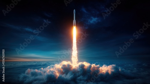 An awe-inspiring image of a rocket launching into space, releasing flames and smoke while piercing through the night sky filled with stars and clouds.