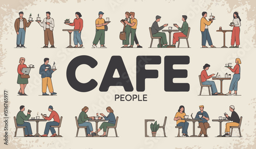 Cafe Art Poster: Vintage Style Illustration with People, Typography, and Retro Design