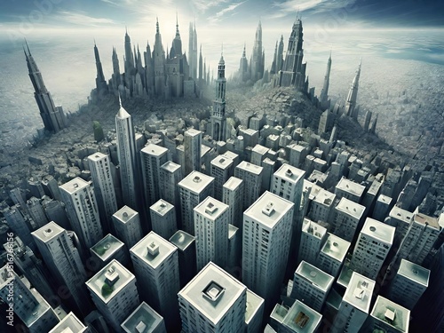 A futuristic cityscape with towering skyscrapers stretching into a misty horizon, creating a surreal and dramatic urban atmosphere.