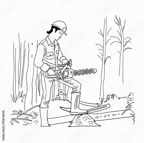 black and white line. tree logging activity. Construction worker cut tree with chainsaw. Cartoon Style Illustration