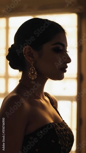 Profile of a woman with elaborate jewelry and a draped dress