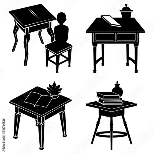 Silhouette illustrations of various tables with books, plants and decorative objects on a white background
