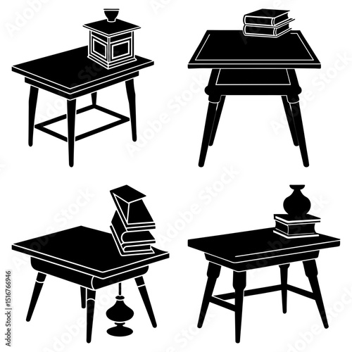 Illustration showing four tables each with different items placed on top in a black and white style