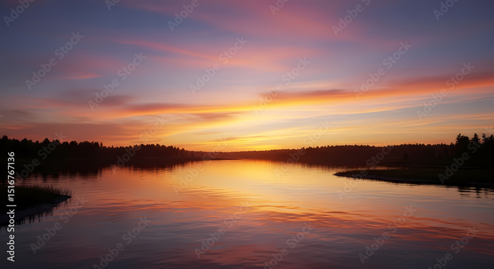 Naklejka premium Vibrant Sunset River Landscape: Peaceful Nature Scene Photography