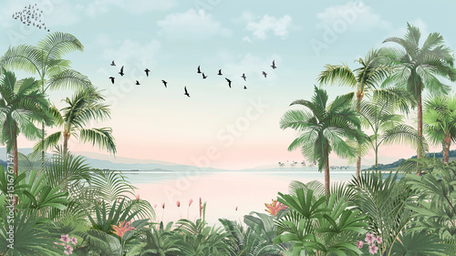 Tableau sur toile Verdant Island Wall Mural: Green Sky, Palms & Ocean View with Flying Birds
