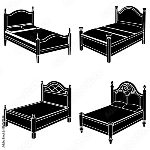 Four different styles of beds with headboards and footboards in a black and white illustration