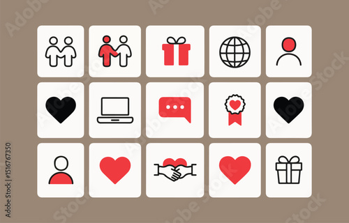 Social Media Icons with People Hearts Gifts and Technology in Red and Black on White Squares with a Beige Background
