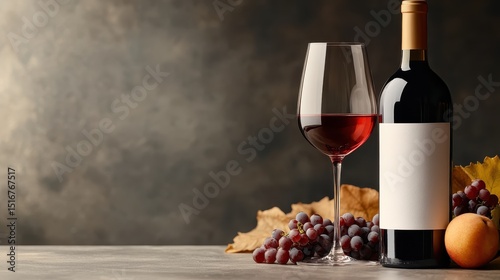 An elegant glass of red wine sits poised beside a bottle and fresh grapes on a slate countertop, exuding sophistication and inviting relaxation, perfect for moments of indulgence.