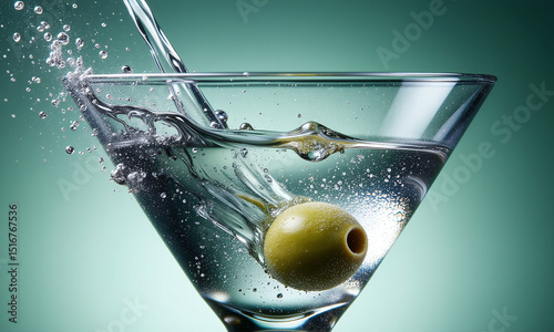 Wallpaper Mural A martini glass captures an olive dropping into a clear cocktail, creating ripples against a teal background. Torontodigital.ca