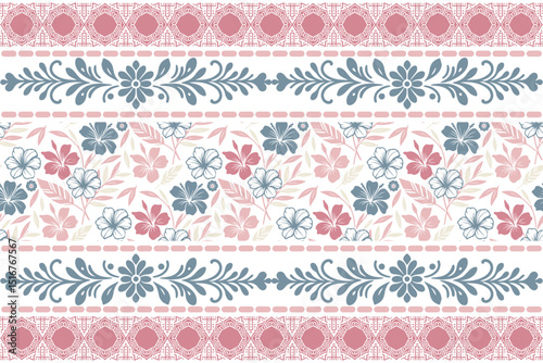 Floral border seamless texture.Hand drawn flower elements.Minimal line art pattern.Fashion textile repeat.One line decoration

