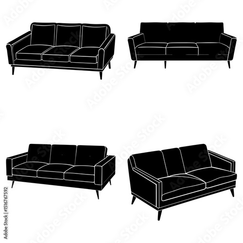 Four black and white sofa illustrations in different styles and perspectives on a white background view