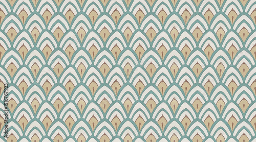 Seamless vintage tile pattern with teal, beige, and brown geometric arches.