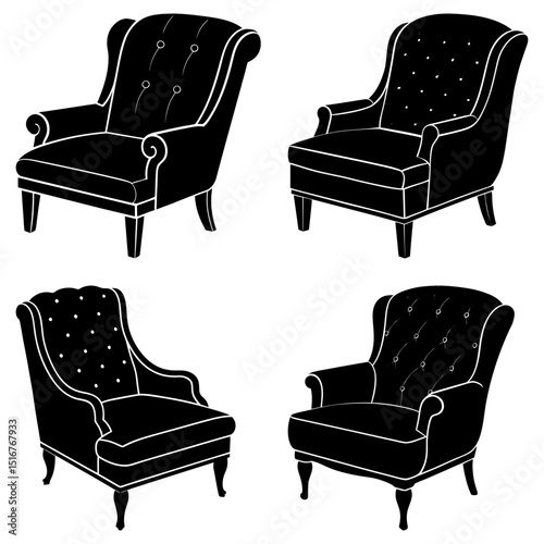 Illustration of four black and white vintage armchairs with button tufting and elegant curved armrests design