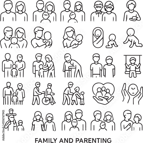 Family and parenting line icon set. Vector pictograms of couples, single parents, children, elderly, baby, newborn, teenager thin linear illustration