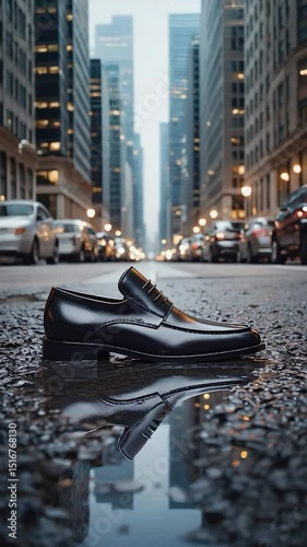 Black Leather Monk Strap Shoe in a City Puddle