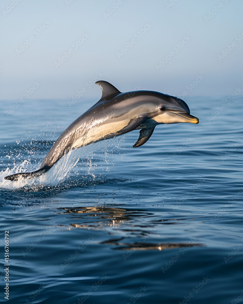 Obraz premium A dolphin leaping joyfully out of the ocean, the sunlight catching its sleek body as it arcs through the air. The clear blue water and warm sky create a carefree and joyful atmosphere.