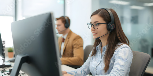 Customer service representative wearing headset working computer in modern office environment
