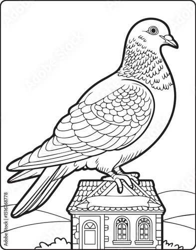 Beautiful pigeon sitting on a house vector line art illustration of bird coloring page for kids
