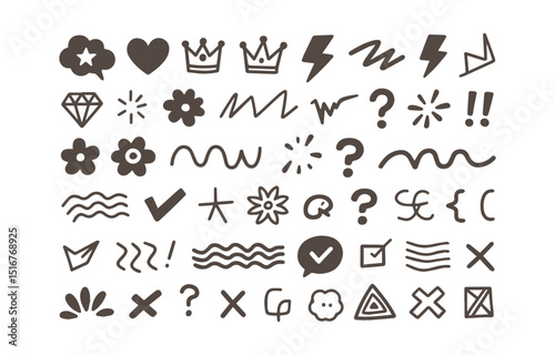 Hand Drawn Doodle Elements Collection with Crowns Hearts Flowers Lightning Bolts Check Marks Question Marks and Other Decorative Symbols
