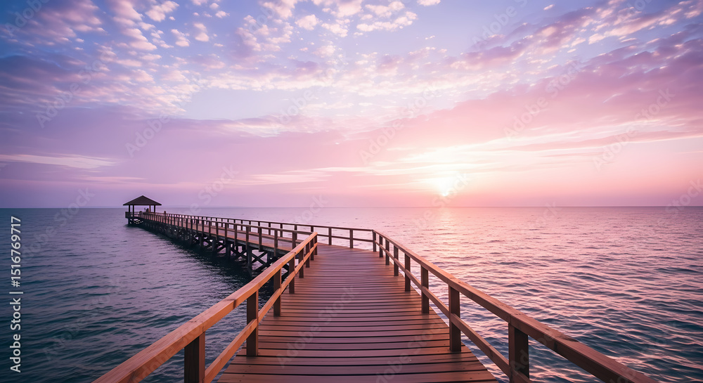 Fototapeta premium Peaceful Sunset Pier: Ocean View, Tranquil Waterfront Scene