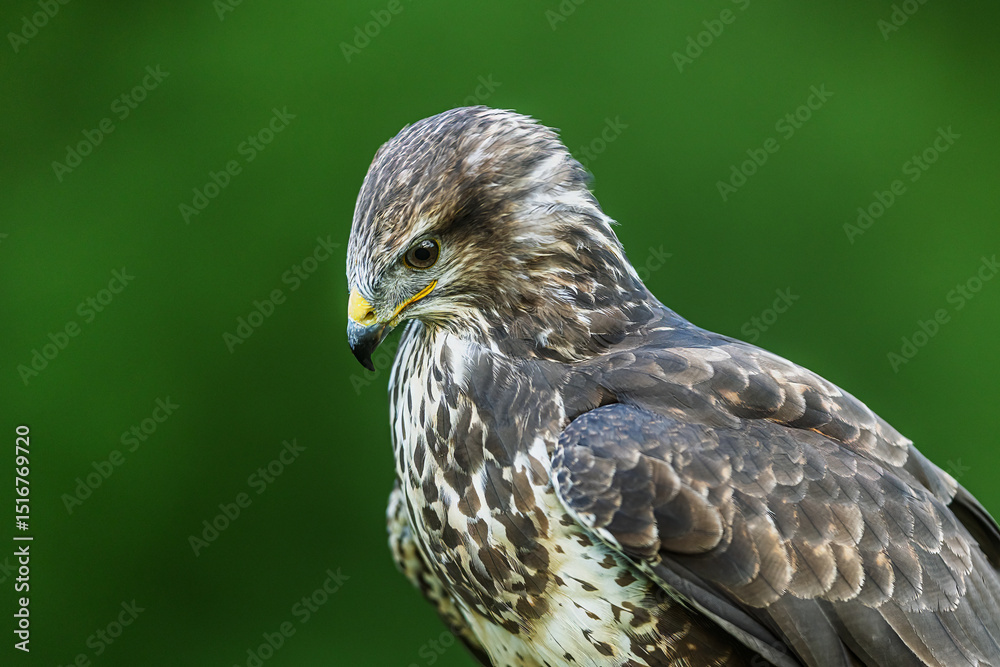 Naklejka premium common buzzard (Buteo buteo) on hand with glove