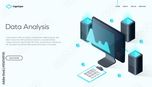Data search and analysis in isometric vector design. Datacenter or data center room background. Network mainframe infrastructure website layout. Computer storage or farming workstation.
