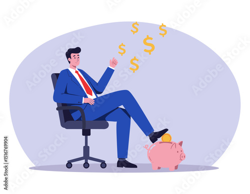 Flat Vector Of Businessman Sitting with Piggy Bank and Money