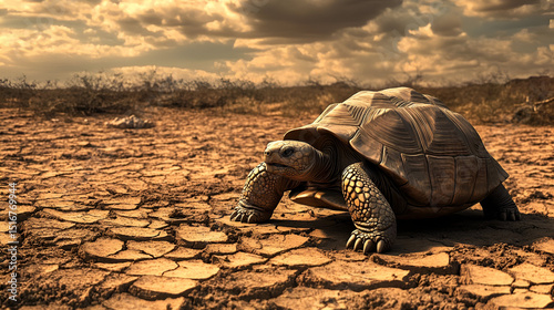 A giant tortoise slowly making its way through the dry desert landscape, the heat radiating off the cracked earth. The slow pace of the tortoise and the barren surroundings photo