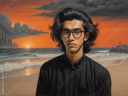 
A young person with dark, wavy hair and stylish glasses stands on a beach at sunset, with a dramatic orange sky and crashing waves in the background.