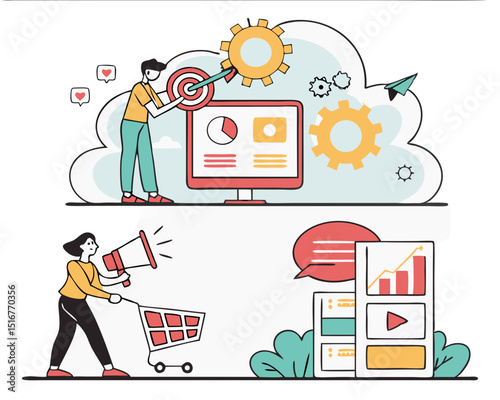 Creative illustration of internet services, ecommerce, cloud computing, social media, web development. Vector concept for web banner, social media banner, business presentation, marketing materia