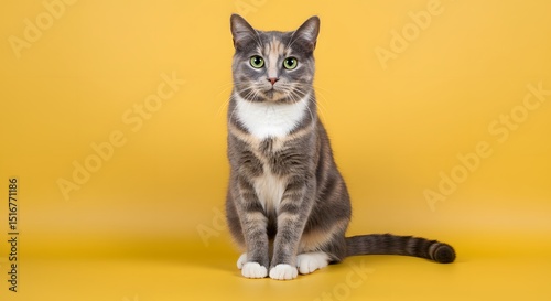 Elegant Dilute Calico Cat Sitting on Yellow Background