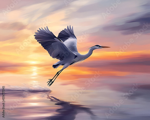 A heron taking off from a calm pond at sunrise, its wings outstretched against the soft colors of the sky. The rippling water below reflects the birds graceful movements,