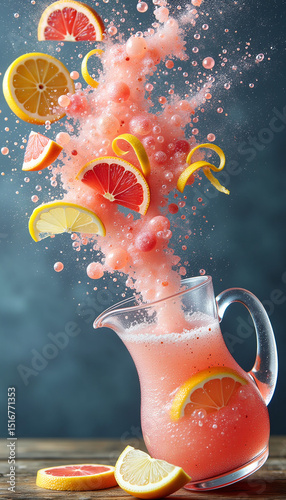 A transparent pitcher pours a vibrant citrus blend, creating a dynamic splash with floating orange and grapefruit slices.