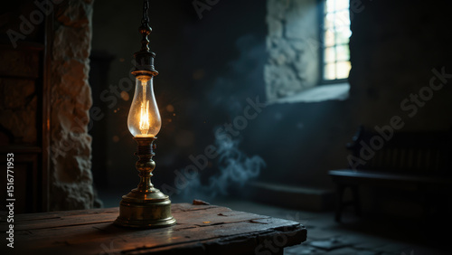 An old church altar with a lit lantern.